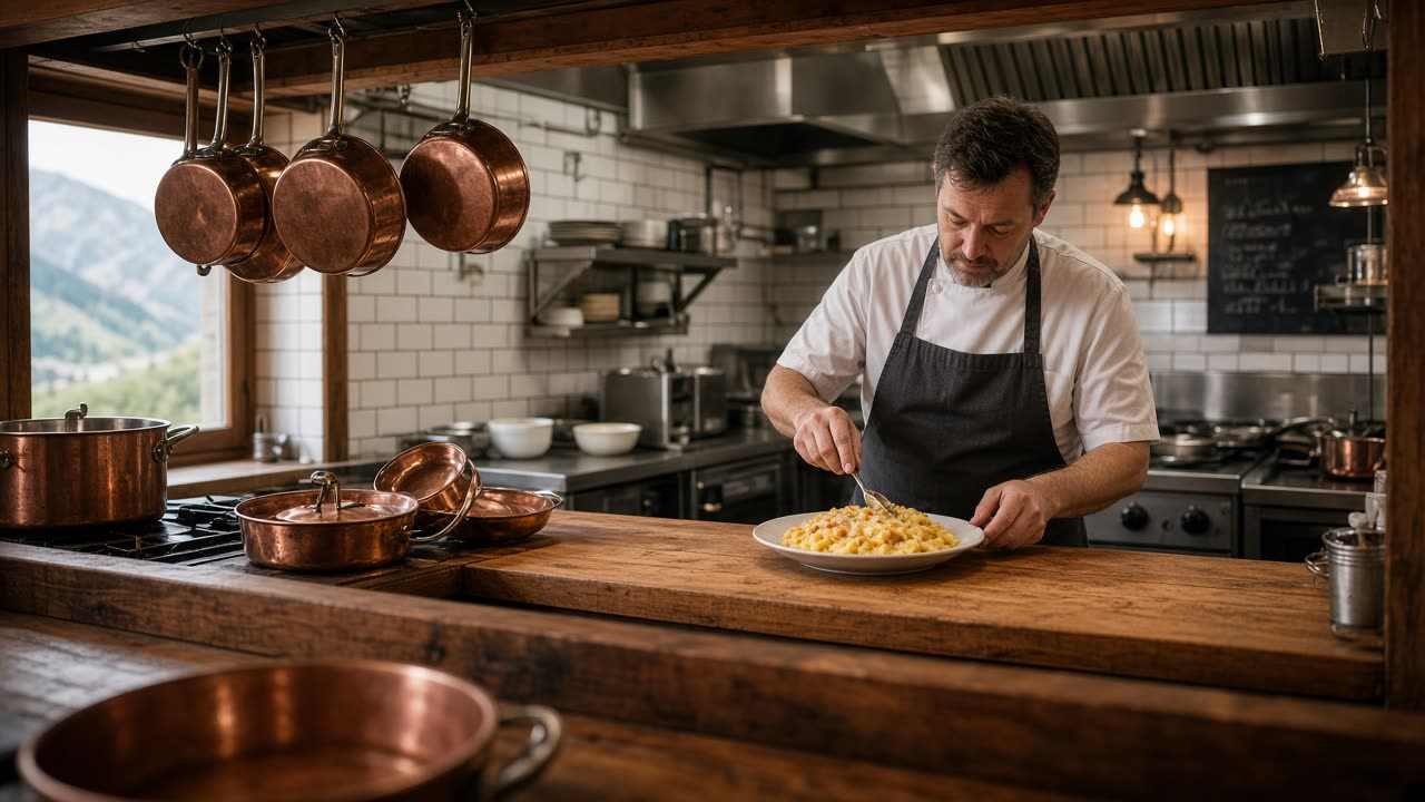 Küche der Sennhütte in Immenstadt im Allgäu: Koch richtet Käsespätzle an, Kupferpfannen über der Pass