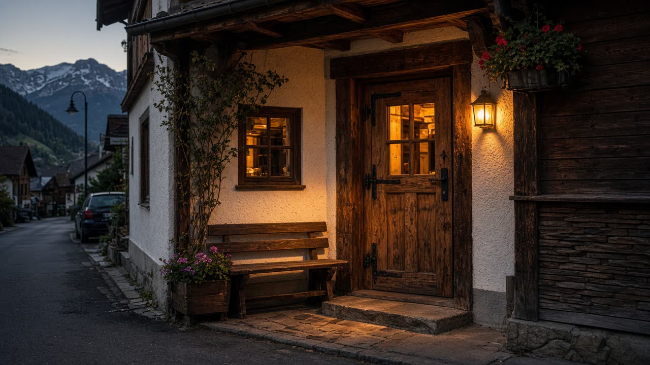 Eingang der Sennhütte an der Allgäuer Straße 41 in Immenstadt: Holztür, Bank und Laterne am Abend