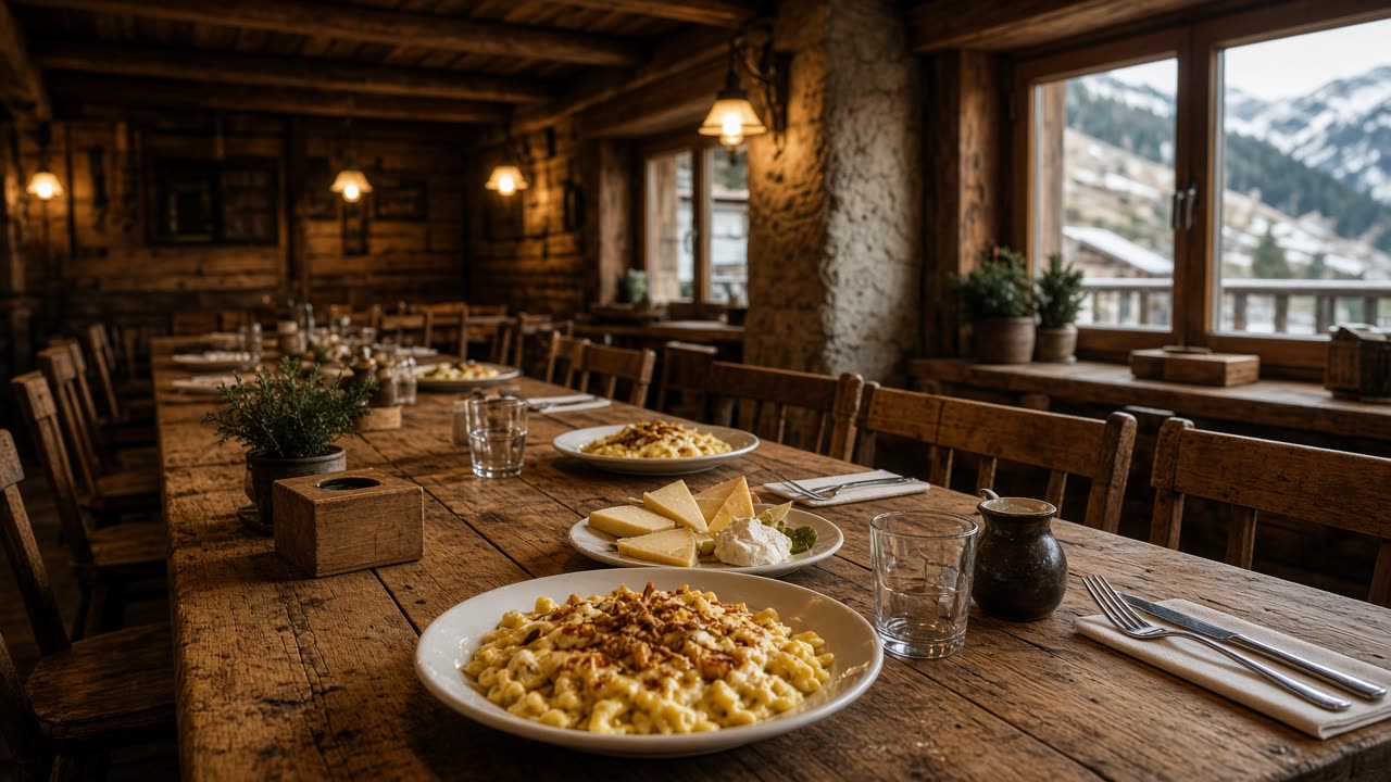 Gastraum der Sennhütte in Immenstadt im Allgäu: lange Holztische, Käsespätzle und Bergkäse, Blick auf die Alpen