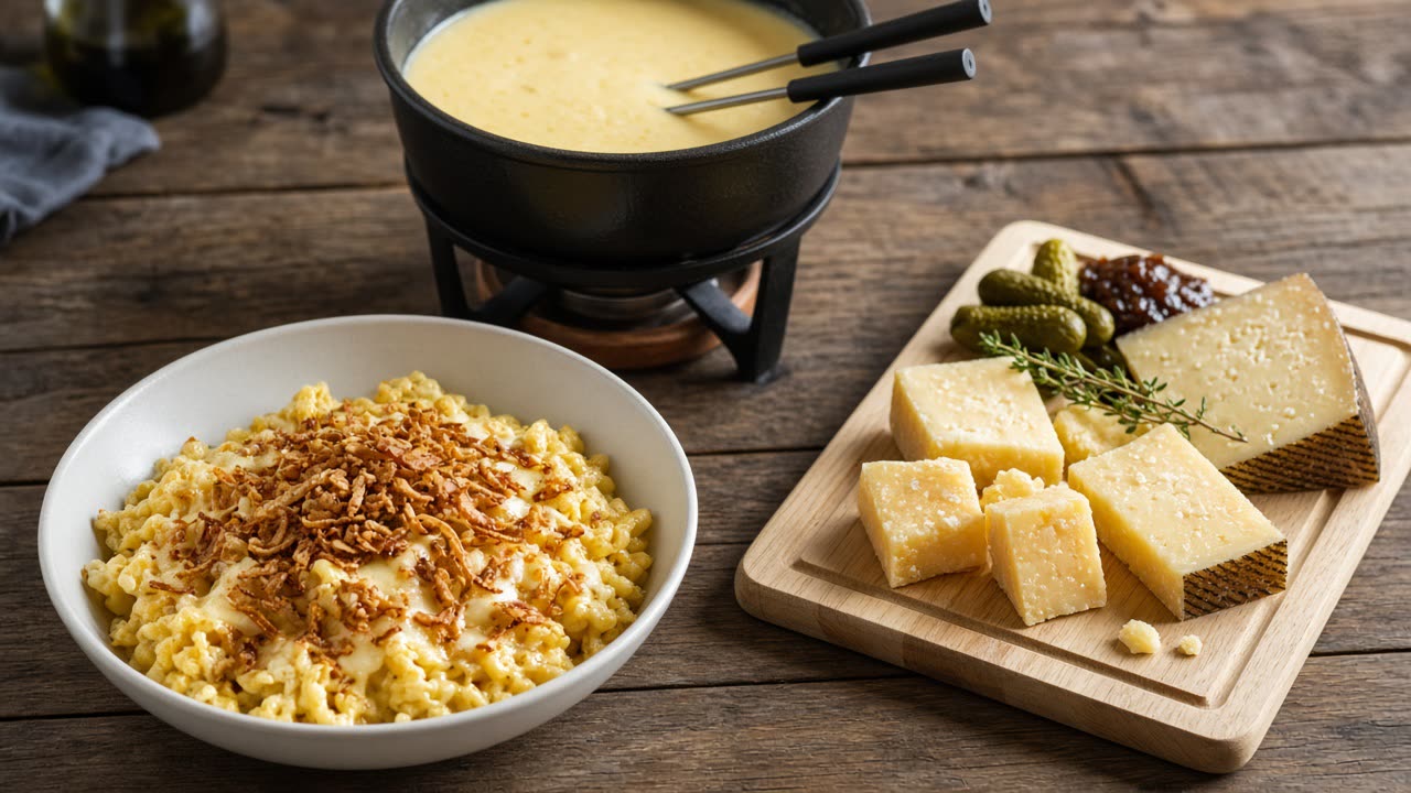 Käsespätzle, Käsefondue und Allgäuer Bergkäseplatte auf dem Holztisch der Sennhütte in Immenstadt